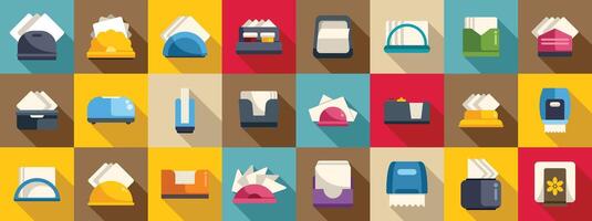 Napkin holder icons set . A collection of various items such as napkins, tissues, and paper towels vector