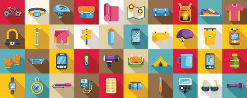 Bike trip icons set . A colorful image of various items related to outdoor activities such as camping vector