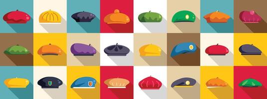 Beret icons set . A collection of hats in various colors and styles vector