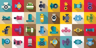 Water circulation pump icons set . A collection of different types of pipes and valves vector