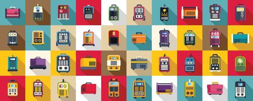 Welding machine icons set . A collection of various types of luggage, including backpacks, suitcases vector