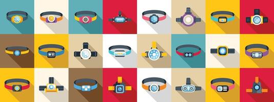 Headlamp icons set . A collection of wristbands with different colors and designs vector