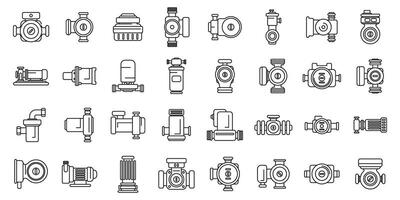 Water circulation pump icons set . A collection of various types of pumps and valves vector