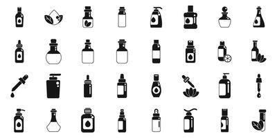 masaje petróleo íconos conjunto . un colección de varios botellas y contenedores, incluso un botella de perfume vector
