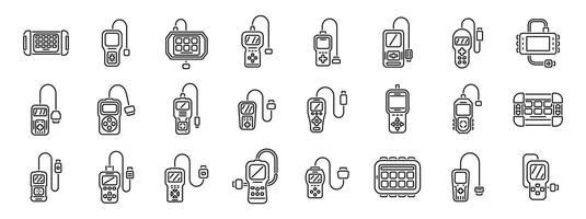 Car diagnostic scanner icons set . A collection of electronic devices including a cell phone, a remote control vector