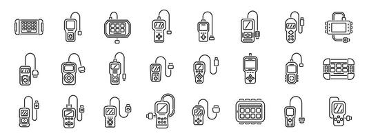 coche diagnóstico escáner íconos conjunto . un colección de electrónico dispositivos incluso un célula teléfono, un remoto controlar vector