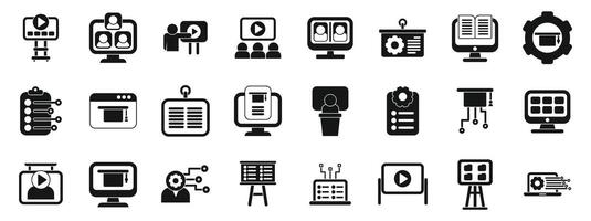 Classroom management software icons set . A collection of computer icons, including a computer monitor, a keyboard vector