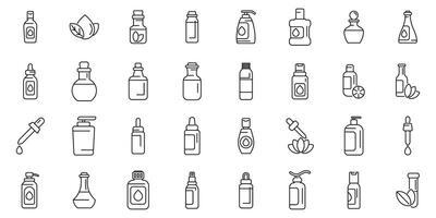 Massage oil icons set . A collection of various bottles and containers vector