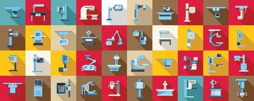 X-ray machine icons set . A collection of medical equipment and devices, including a CT scanner vector