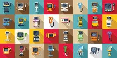 Ultrasound machine icons set . A collection of medical equipment with a variety of colors and shapes vector