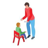 Isometric of a parent giving food to a small child sitting on a chair vector