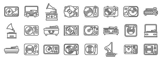 Vinyl player icons set . A collection of vintage electronic devices, including a record player, a radio vector