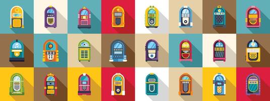 Jukebox icons set . A row of colorful jukeboxes with a variety of designs and colors vector