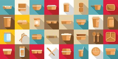 Biodegradable tableware icons set . A collection of various food containers and utensils vector