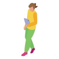 Isometric view of a young professional walking and using a tablet vector