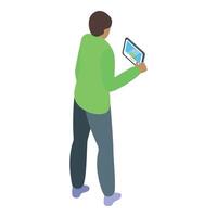 Isometric illustration of a man standing while engaged with a tablet computer vector