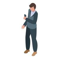 Isometric illustration of a businessman in a suit interacting with his smartphone vector