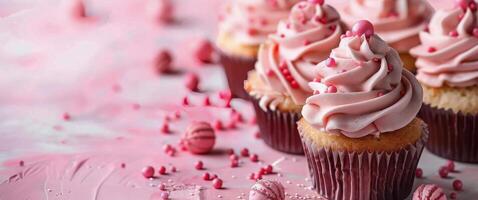 Group of Cupcakes With Pink Frosting and Sprinkles photo