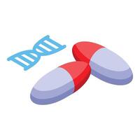 Isometric illustration of pills with a dna strand, symbolizing biotechnology and personalized medicine vector