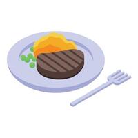 isometric illustration of a grilled steak with mashed potatoes and peas on a plate vector