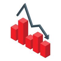 Isometric of a red bar graph showing a downward trend with a grey arrow vector