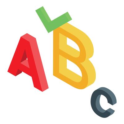 Colorful 3d alphabet letters a, b, c isolated on white