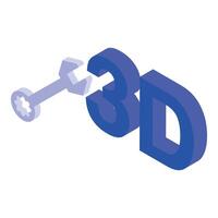 Isometric graphic of a silver key and bold blue '3d' text, depicting 3d printing technology vector