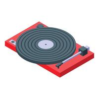 Vibrant isometric illustration of a classic vinyl record player in red and gray vector