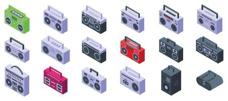 Boombox icons isometric set . A collection of different colored portable music players vector