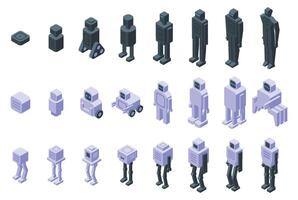 robot evolución íconos isométrica conjunto . un serie de robot cifras en varios etapas de desarrollo vector