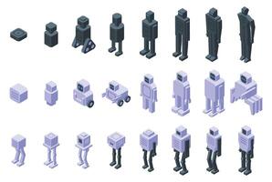 Robot evolution icons isometric set . A series of robot figures in various stages of development vector