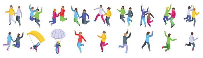 Couple jump icons isometric set . A group of people are jumping and playing in the air vector