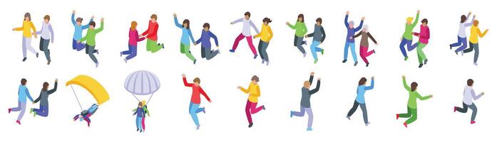 Couple jump icons isometric set . A group of people are jumping and playing in the air vector