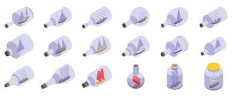 Sailboats bottles icons isometric set . A collection of glass bottles with various shapes and sizes vector