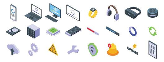 Update app software icons isometric set . A collection of technology icons including a laptop, tablet, smart watch vector