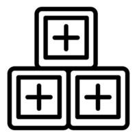 Simple line art icon depicting three medical blocks with plus signs, symbolizing health care vector