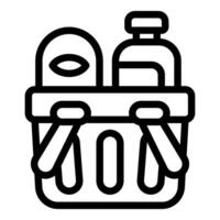 A black and white line icon of a reusable bag with grocery items vector