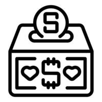 Black and white line icon of a donation box with heart symbols and a dollar coin vector
