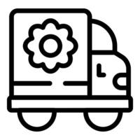 Black line icon of a truck with a flower on the side, symbolizing flower delivery services vector