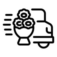 Black line icon of a scooter with a flower bouquet, symbolizing speedy floral delivery service vector
