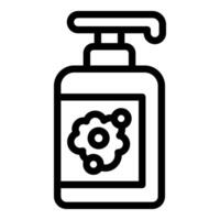 Black outline icon of a hand soap dispenser with a germ symbol on the label vector
