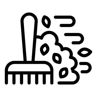 Black and white icon of a cleaning brush with dirt particles symbolizing scrubbing or cleaning action