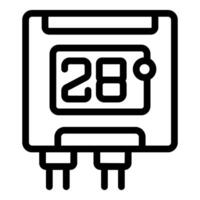 Black outline of a square digital thermostat icon displaying 28 degrees vector