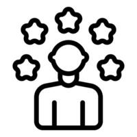Graphic icon representing a person with five stars overhead, symbolizing client ratings vector