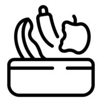 Black line icons of a banana, pepper, and apple in a lunchbox vector