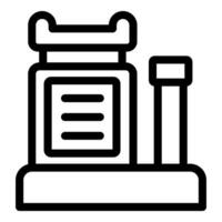 Black line art of a prescription bottle with label and pills, isolated on white vector