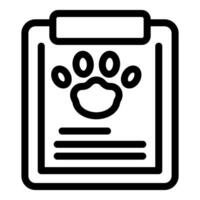 Black and white line art icon of a clipboard with a paw print, symbolizing pet care documentation vector