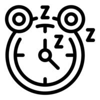 Black and white line art of a quirky, cartoonstyle alarm clock with eyes and mouth, indicating sleepiness vector