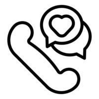 Black and white line art icon depicting a phone with a heart message, symbolizing love communication vector