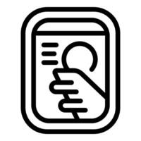 Black and white line icon of a hand holding a smartphone, symbolizing mobile communication vector